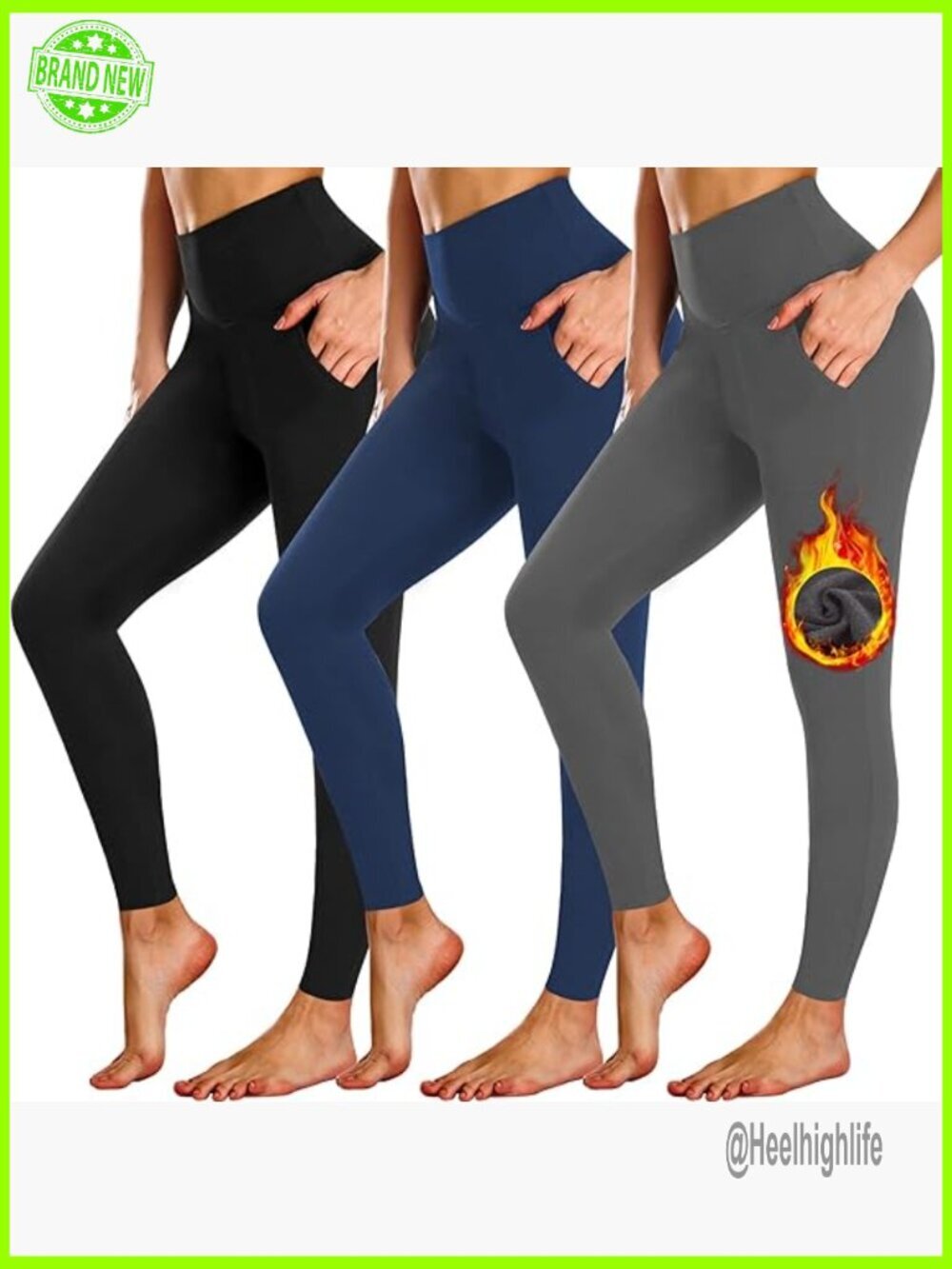 Fleece Lined Leggings with Pockets High Waisted Tummy Control Yoga Pants 3 Pack